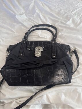 Michael Kors Black Shoulder Tote with Croc-Texture Trim and Silver Hardware